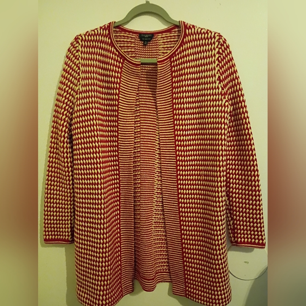 Talbot's Women's Red and White Patterned Cardigan 100 % Merino Wool Sz SP